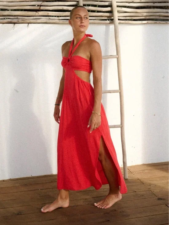 Giovanna Dress Cherry Halter Cutout Maxi Dress • Pima Cotton Dress • Size Small - Picture 2 of 14